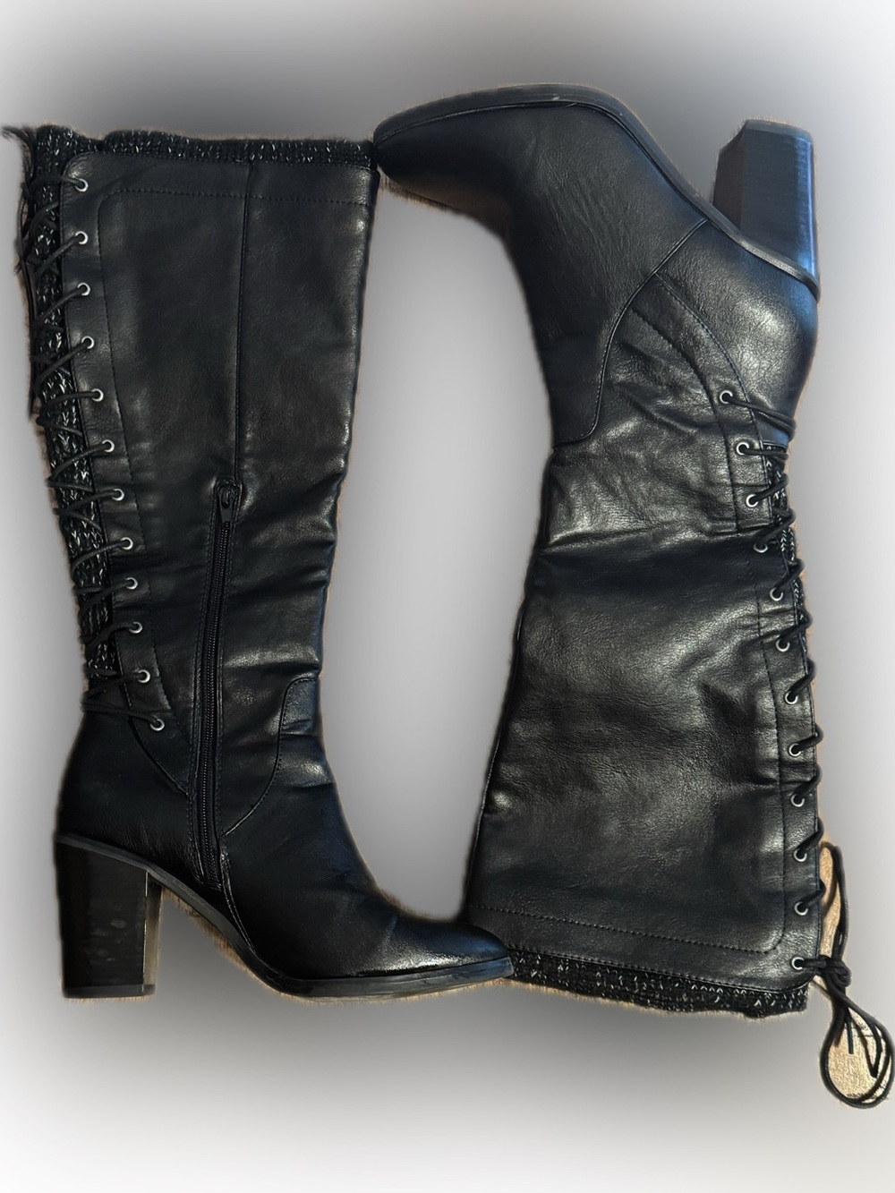 (9)JUSTFAB KNEE-HIGH FULL LACE UP BACK W/FAUX LEATHER AND “SOCK” 3.5” BLOCK HEEL